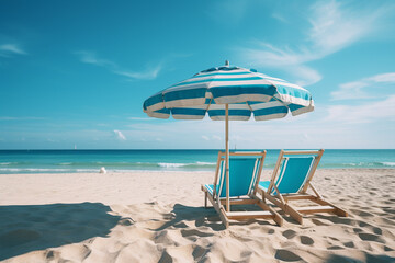 Obraz premium Beach chairs and umbrella on the beach with blue sky background.