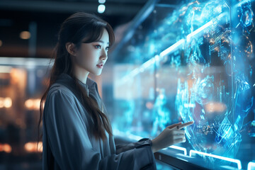 Beautiful asian businesswoman looking at hologram screen in office