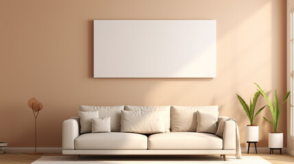 A Real photo of abstract light brown background for product presentation White billboard hanging on the wall, cream sofa