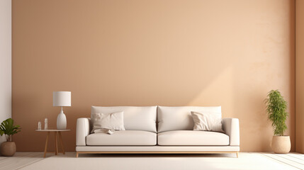 Fototapeta na wymiar A Real photo of abstract light brown background for product presentation White billboard hanging on the wall, cream sofa