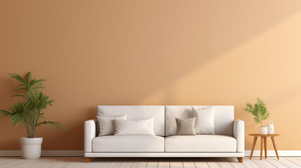 A Real photo of abstract light brown background for product presentation White billboard hanging on the wall, cream sofa