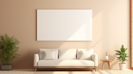 Fototapeta na wymiar A Real photo of abstract light brown background for product presentation White billboard hanging on the wall, cream sofa