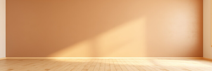 A Real photo of abstract light brown background for product presentation White billboard hanging on the wall, cream sofa, light falling from the windows on the wall and floor.