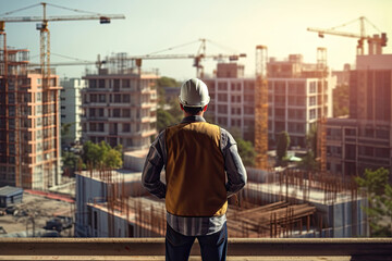Back view of Civil engineer standing looking at unfinished construction project, real estate business concept. Generative Ai