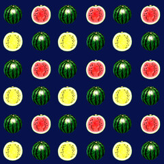 カットしたスイカ（赤色・黄色）のシームレスパターン　手描き水彩イラストの果物柄