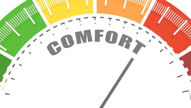 Comfort zone measuring device with arrow and scale. Colorful infographic gauge element.