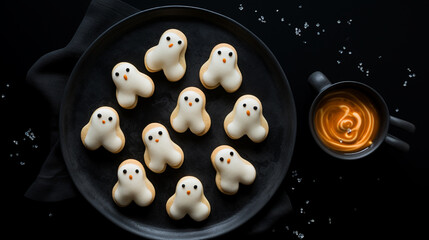 Adorable Ghost Shaped Cookies with Frosting and Decorations on Matte Black Background - Halloween Food Concept - Spooky Season