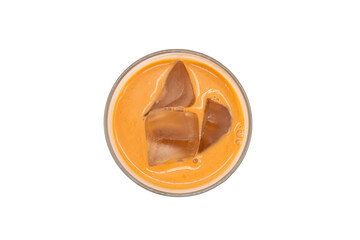 Top view of glass of iced thai milk tea, fresh and sweet dessert on white background.