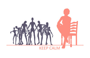 Woman sitting on chair. Group of walking scary monsters. Keep calm concept. Individual opinion
