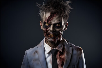 studio portrait of zombie man wearing business suit