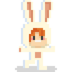 Pixel art boy with rabbit mascot suit