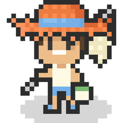 Pixel art cartoon kid bug hunter character