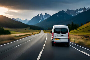 White van ,  truck delivery van rush by country road 
