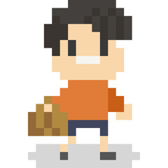 Pixel art cartoon boy with basket character