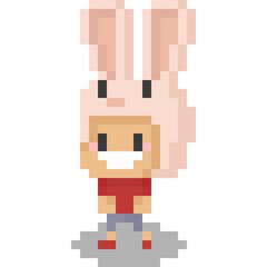 Naklejka premium Pixel art cartoon boy with rabbit hat 