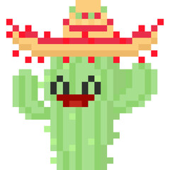 Pixel art cartoon cactus character with maxican hat