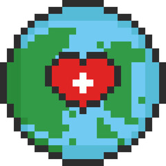 Fototapeta premium Pixel art cartoon earth with red heart icon