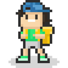 Pixel art cartoon kid with backpack 