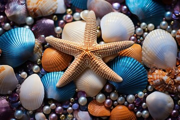 Image of shells, starfish, pearls, sea stones and other marine items. Top view