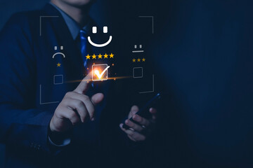 Businessman showing a happy smile Good response score Positive customer review score Satisfaction score World Mental Health Day, calm mood, mental health, good mood