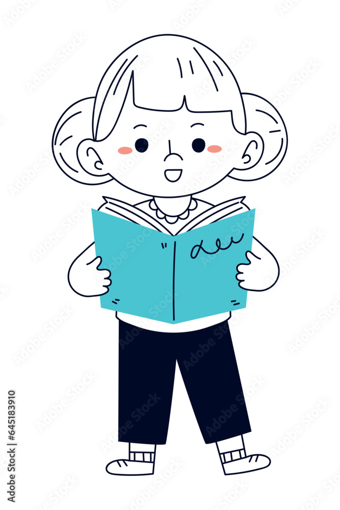 Sticker girl reading a book doodle icon