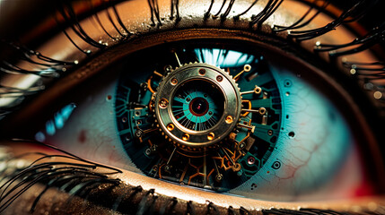 Macro view Bionic Eye - An eye with a mechanical device inside - obrazy, fototapety, plakaty