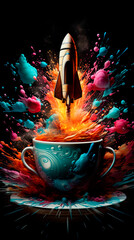 Colorful illustration of a rocket flying out of a cup of  strong coffee 