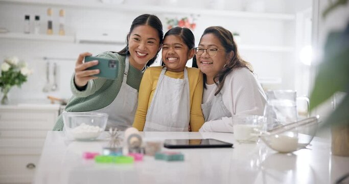 Family, selfie and kitchen with online, learning and support of mom, child and grandmother together. Love, social media ad profile picture of a grandma, young girl and mother with a smile in a home