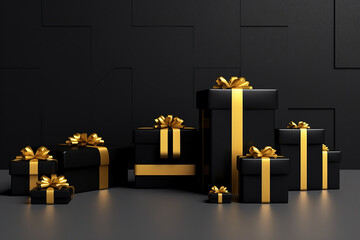Black gift boxes with golden bows on a black background. 