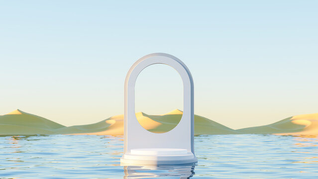 Minimalist geometric podium on the ocean with dune background scene premium photo 3d render