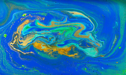 Fototapeta na wymiar Liquid Flow of Gold and Blue Acrylic Pattern