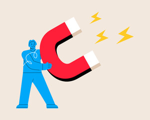 Woman holding huge magnet in hands attracting new customers. Lead generation concept. Colorful vector illustration