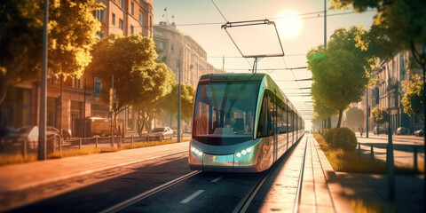 Modern electric tram with solar powered electric  system on the street in the city at sunset.