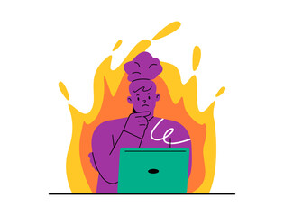 Deadline, work on fire mode. Stressed woman hurrying, hectic about missing work deadline, time limits. Colorful vector illustration