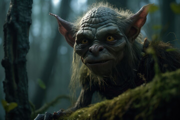 Portrait of a terrible goblin in a dark forest. - obrazy, fototapety, plakaty