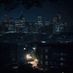 Night cityscape with buildings and street lights. Digital painting illustration. Generative AI.
