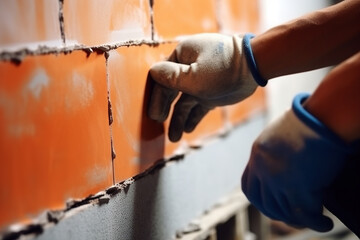 Construction worker bricklaying the wall indoors., close up.
