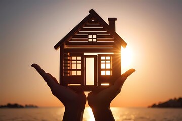 A woman hand holds wooden house silhouette