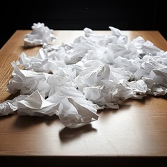 A wooden table covered in wasted crumpled paper.