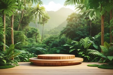 Fototapeta premium Product presentation with a wooden podium set amidst a lush tropical forest, enhanced by a vibrant green background.