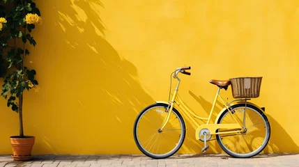 Foto auf Acrylglas Fahrrad Vintage bicycle with yellow wall background - vintage filter and soft focus