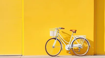 Tuinposter Vintage bicycle with yellow wall background - vintage filter and soft focus © ttonaorh