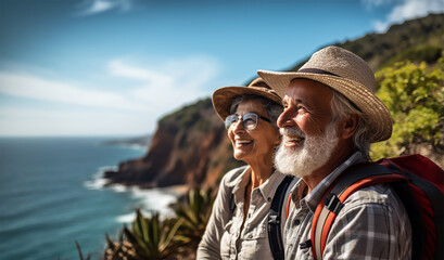 A senior couple hiking