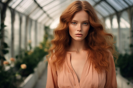 Beauty, fashion and make-up concept. Young beautiful woman portrait in orangery. Sexy and seductive looking model in old and bright conservatory. Greenery in background. Generative AI