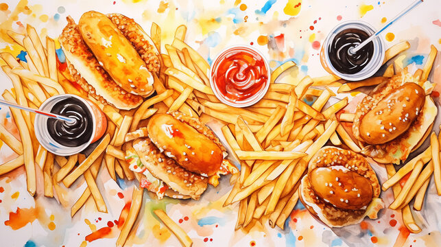 Watercolor painting fast foods on the white floor