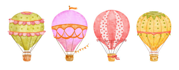 Cute Hot air balloon set. Watercolor retro childish illustrations isolated on white.