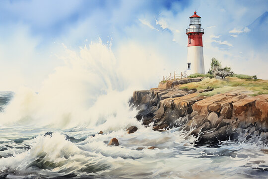 Lighthouse and waves, watercolor painting