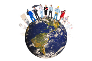 Digital png illustration of globe with group of diverse people on transparent background
