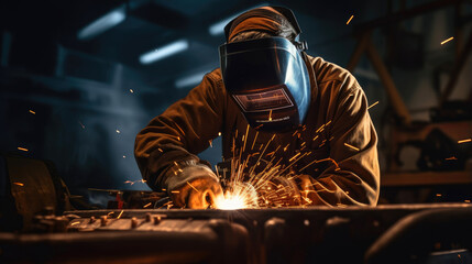 Blacksmith welding a piece of metal. Generative AI