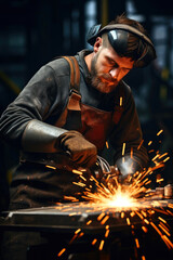 Blacksmith welding a piece of metal. Generative AI
